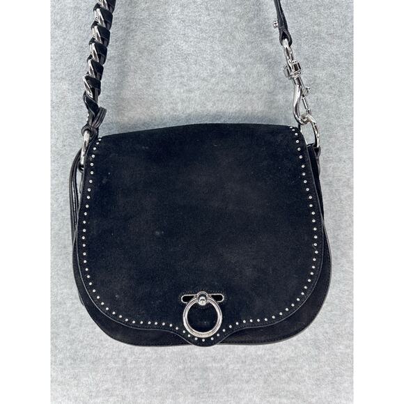 Rebecca Minkoff Large Jean Saddle Bag Black Suede BOHO Western Silver Accents - Picture 1 of 14